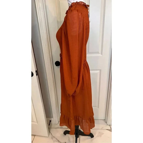 Entrance Womens Small Cinnamon Orange Fit Flare Maxi Ruffle Dress Balloon Sleeve - Picture 4 of 13